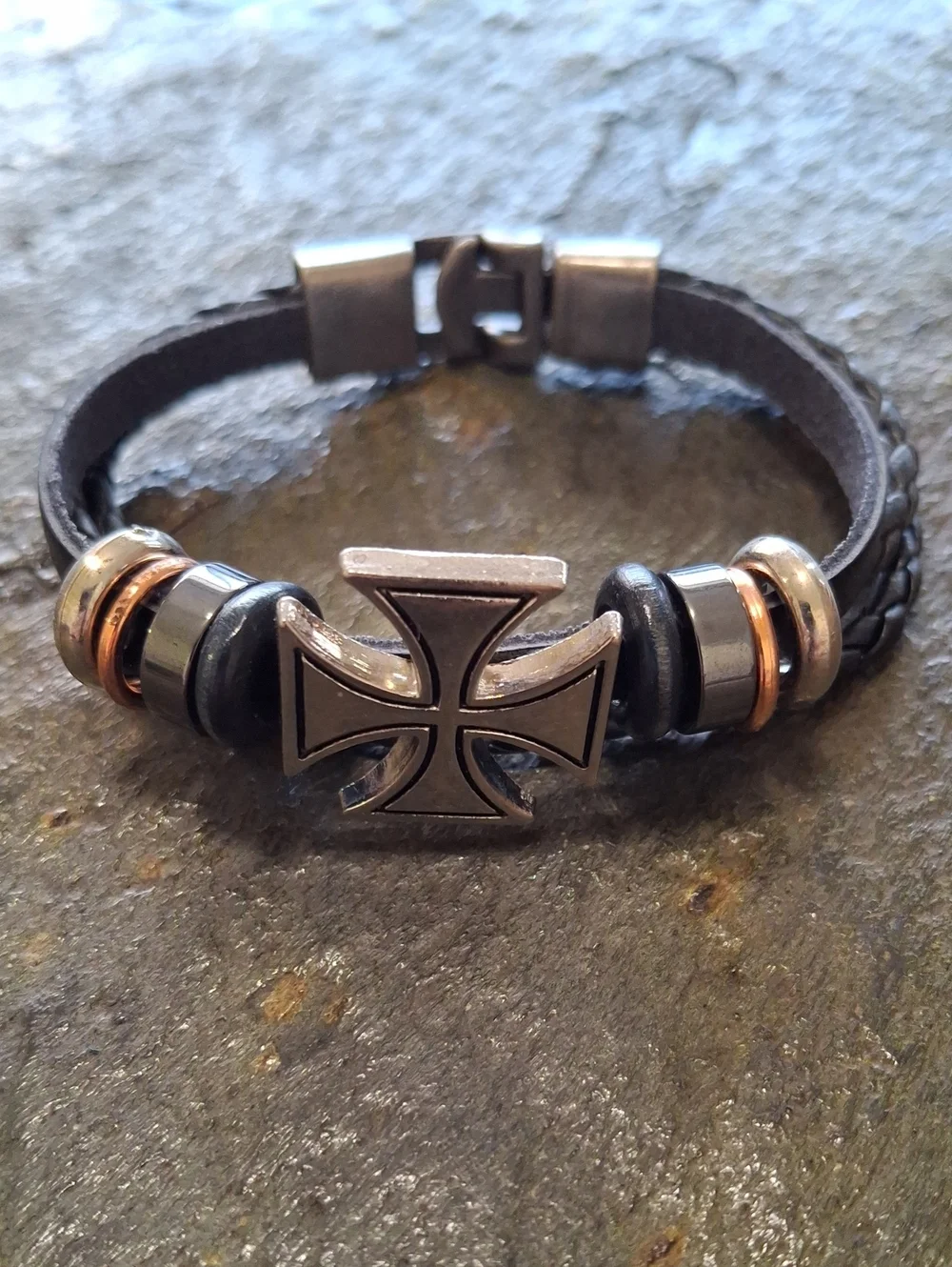 Black Leather Independent Cross with Metal Beads